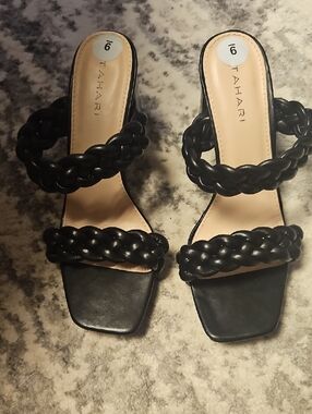 Tahari Black Braided Double-Strap Slide Mules
